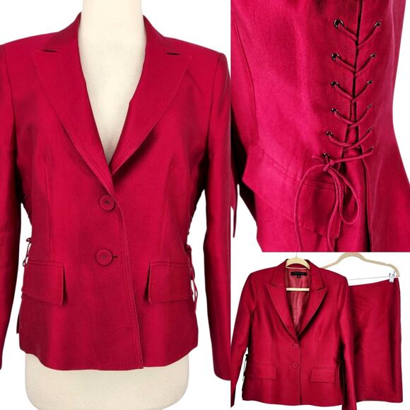 Vintage Ann Klein Silk Wool Blend Raspberry Skirt Suit Corset Ties Blazer SZ 10 - Picture 1 of 16